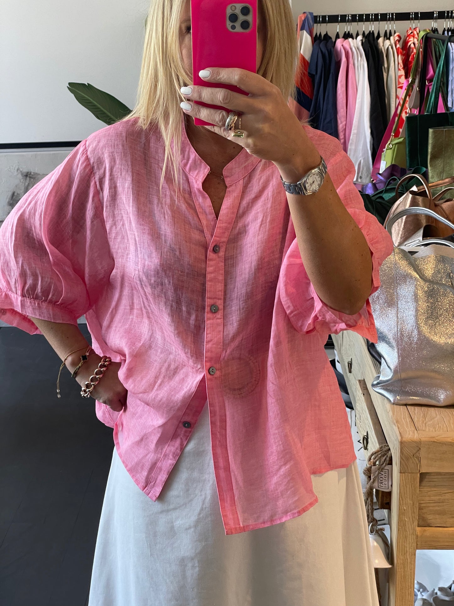 Fine Linen Shirt Travel Top - Pink