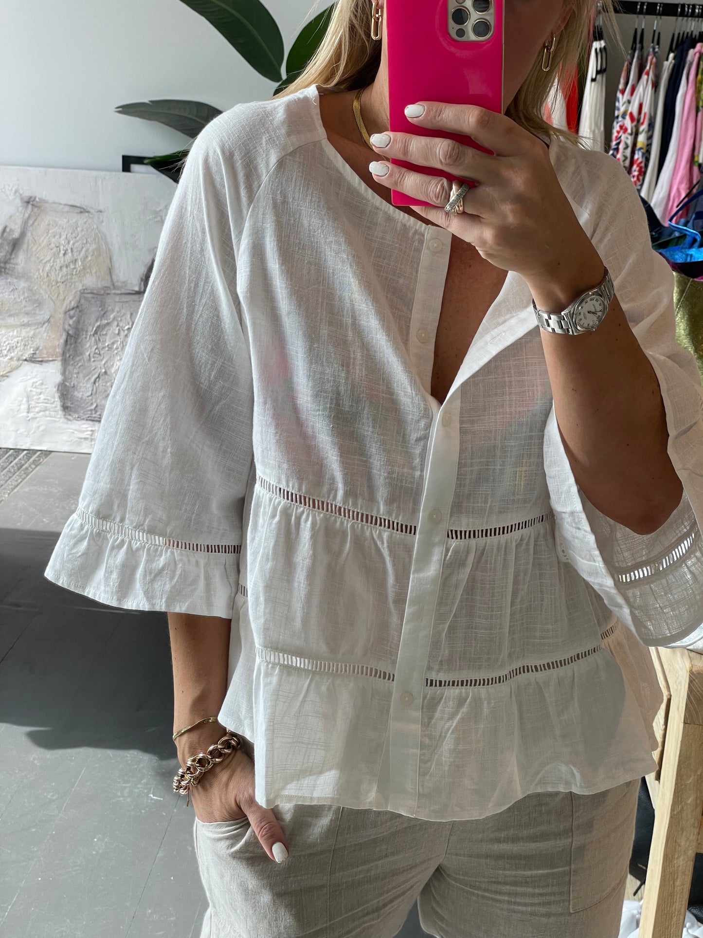 Tiered LInen Shirt Top - white