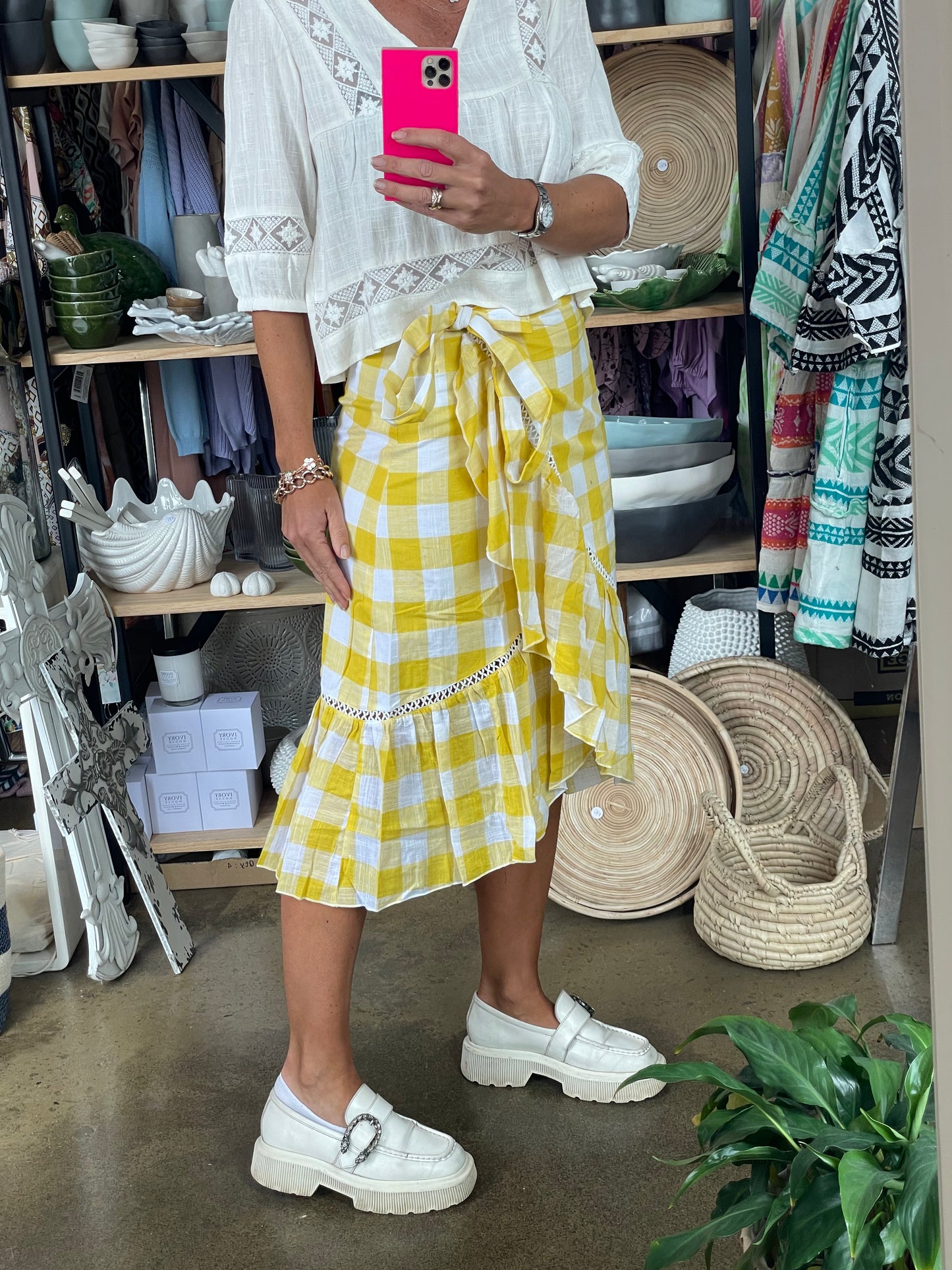 Linen Wrap Ruffe Gingham Skirt