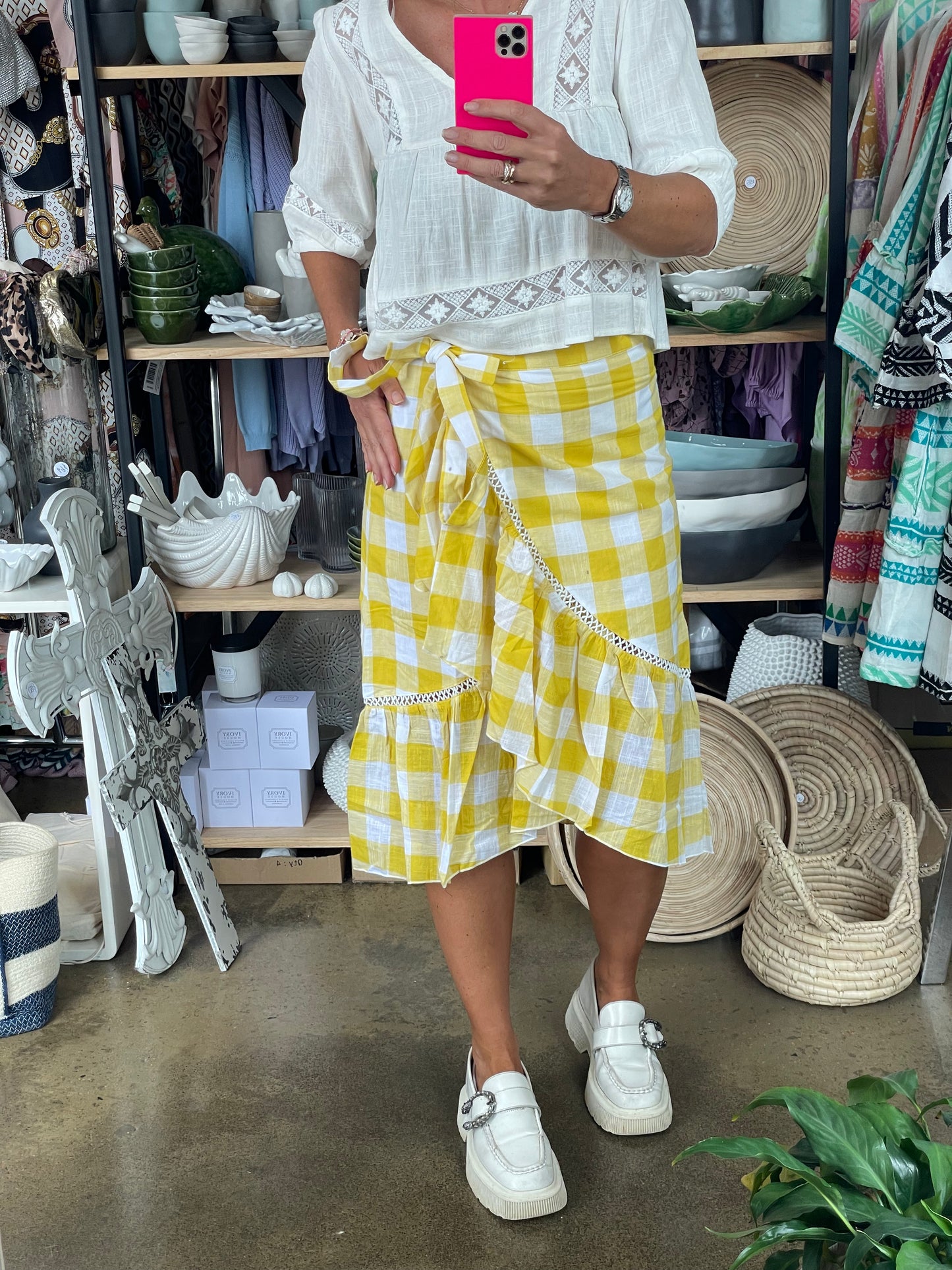 Linen Wrap Ruffe Gingham Skirt