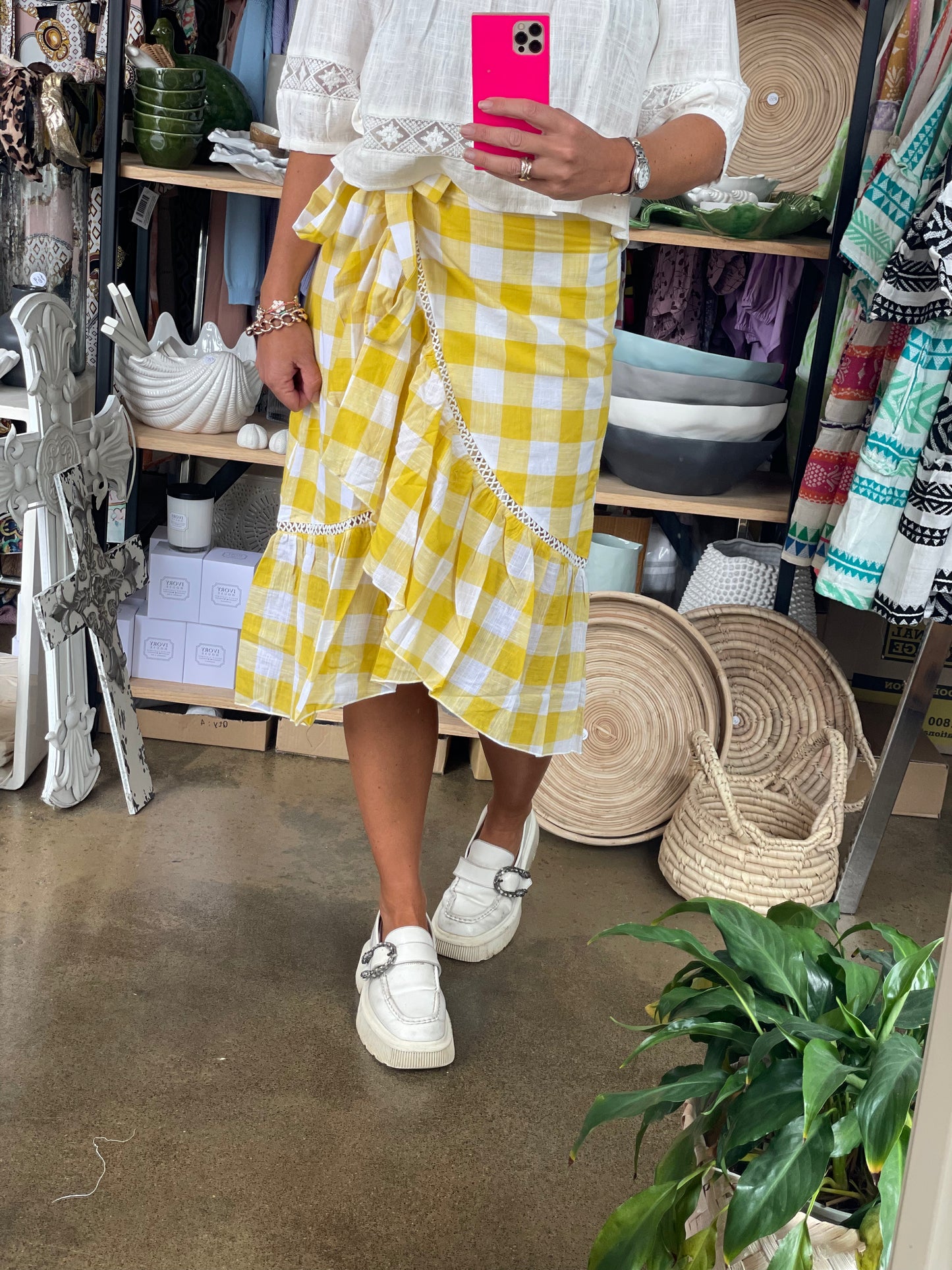 Linen Wrap Ruffe Gingham Skirt