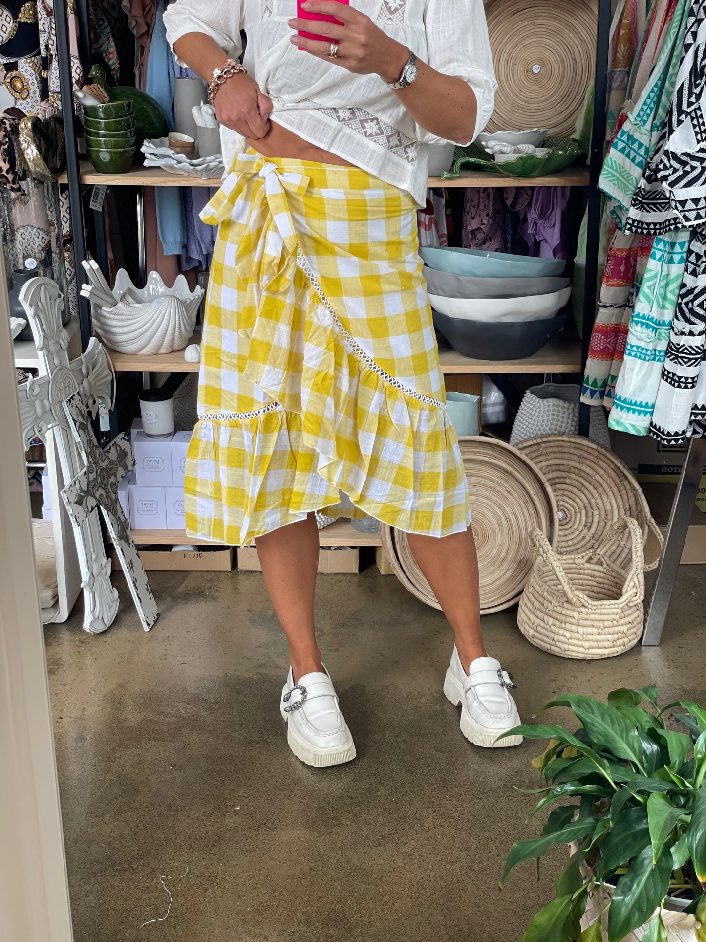 Linen Wrap Ruffe Gingham Skirt