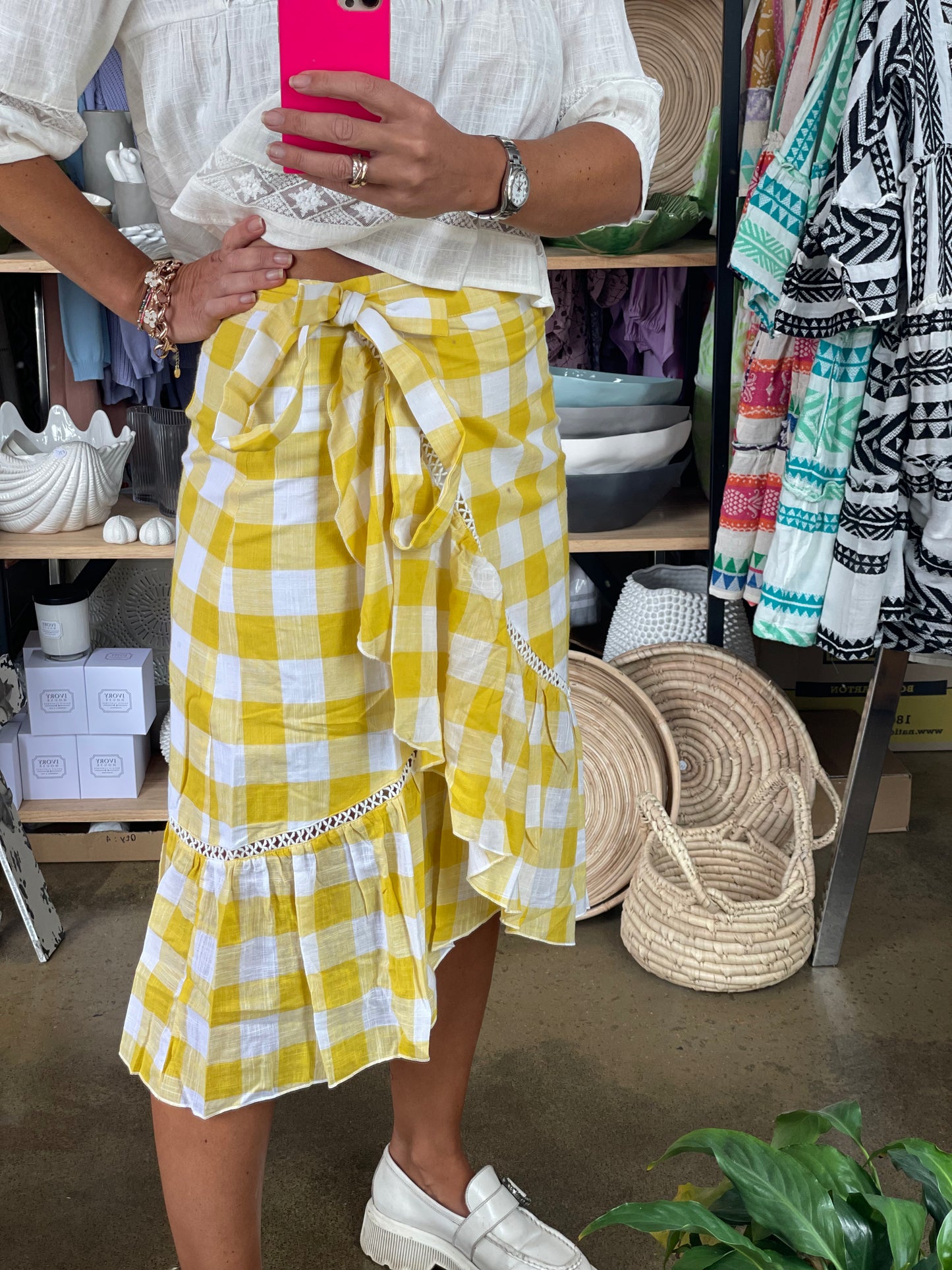 Linen Wrap Ruffe Gingham Skirt