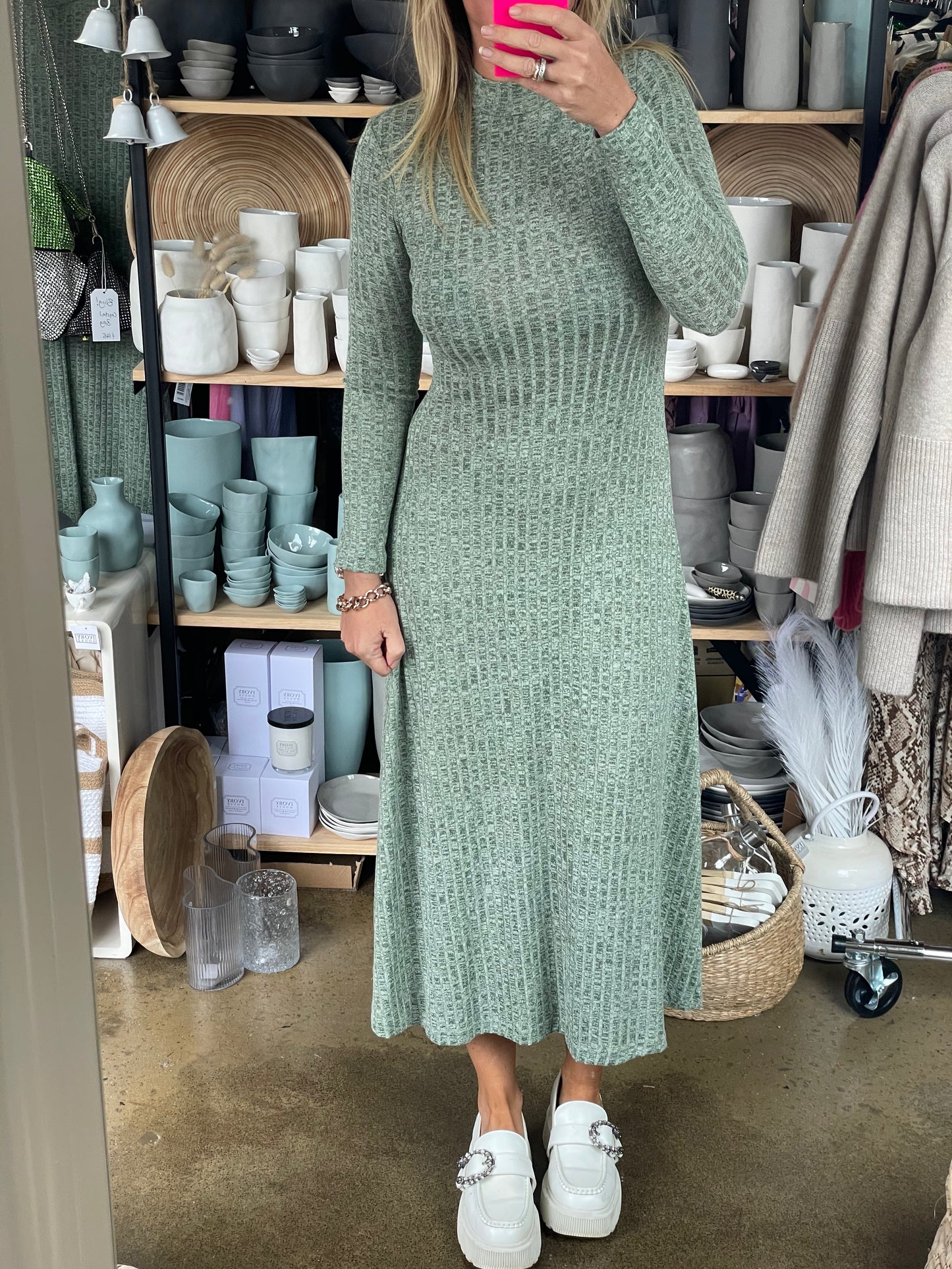 Ribbed Knit Long Sleeve Midi Dress Agave Green