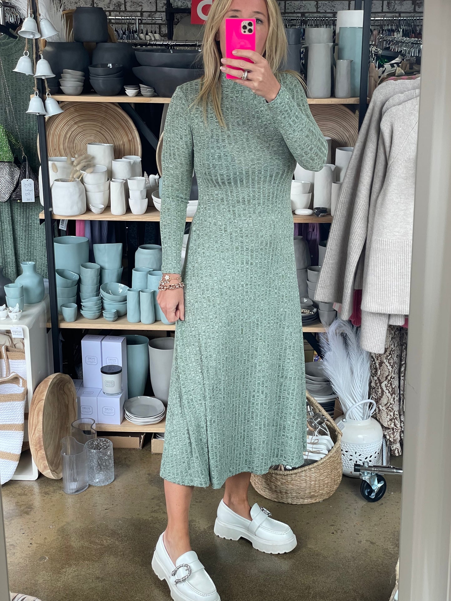 Ribbed Knit Long Sleeve Midi Dress Agave Green