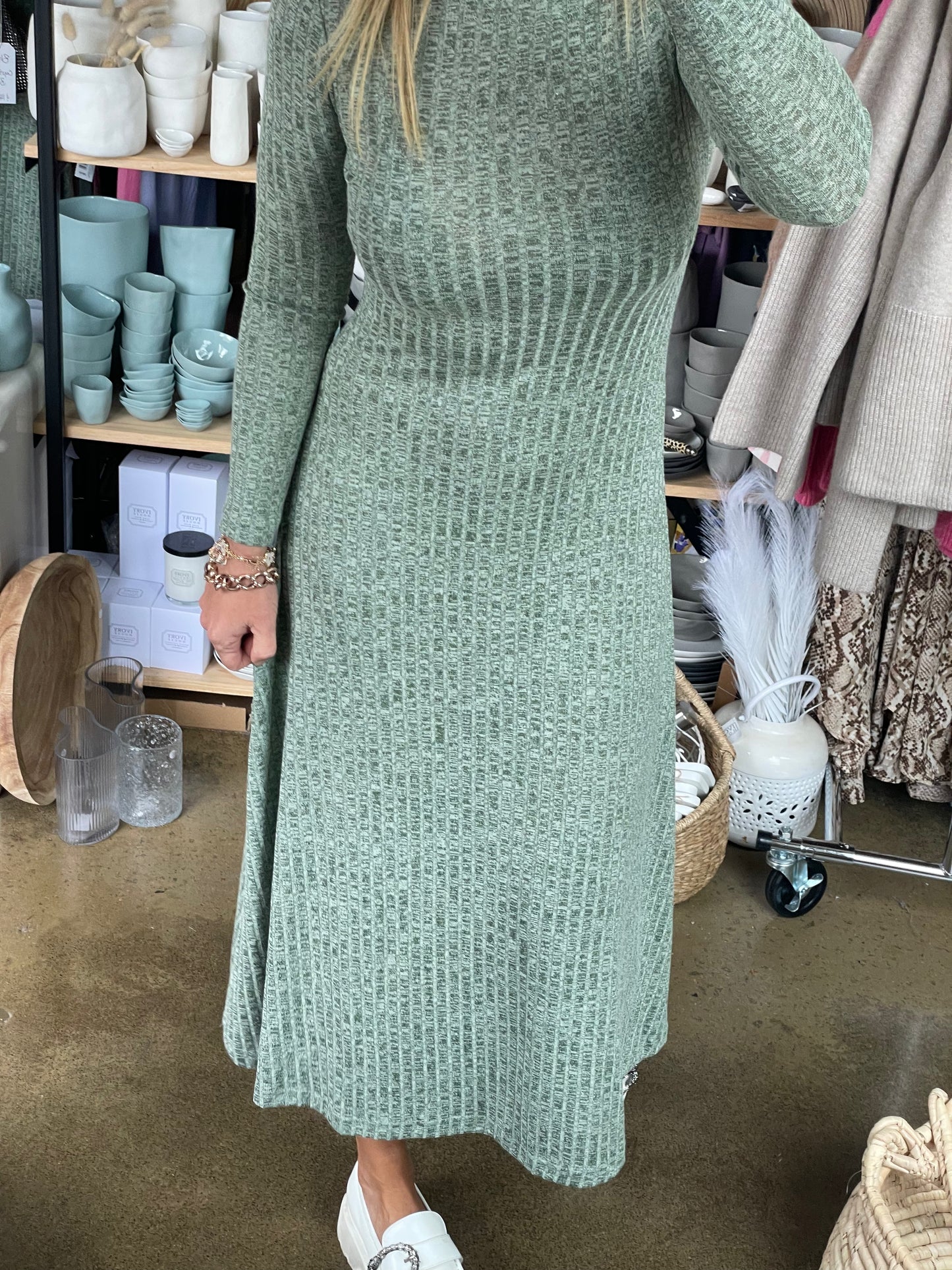 Ribbed Knit Long Sleeve Midi Dress Agave Green