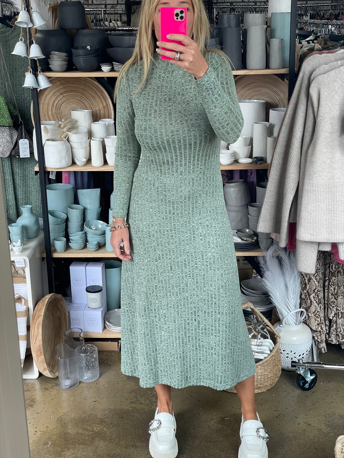 Ribbed Knit Long Sleeve Midi Dress Agave Green