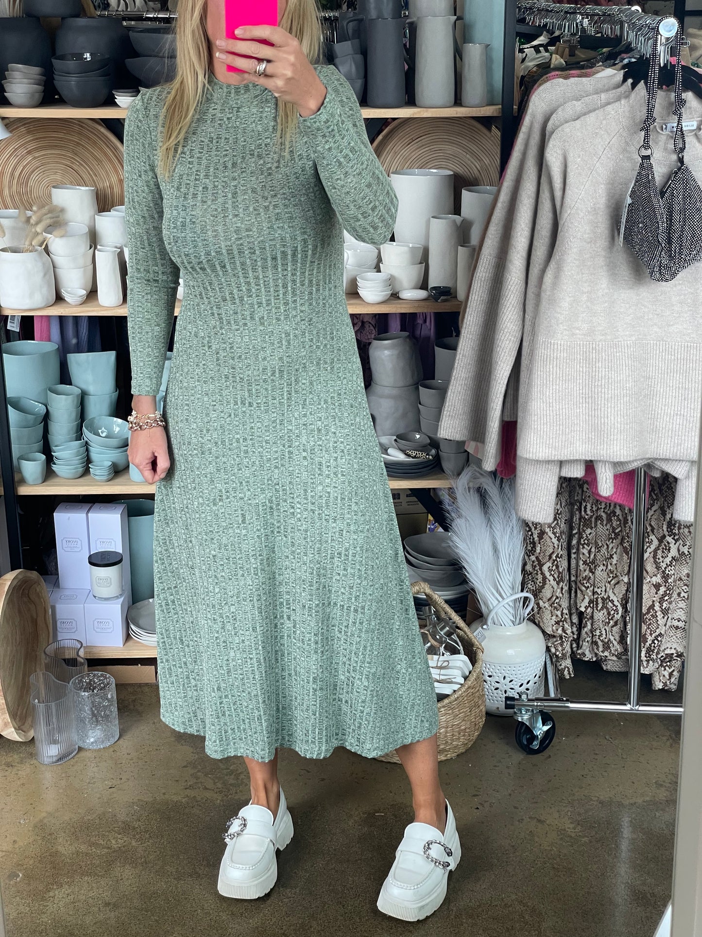 Ribbed Knit Long Sleeve Midi Dress Agave Green