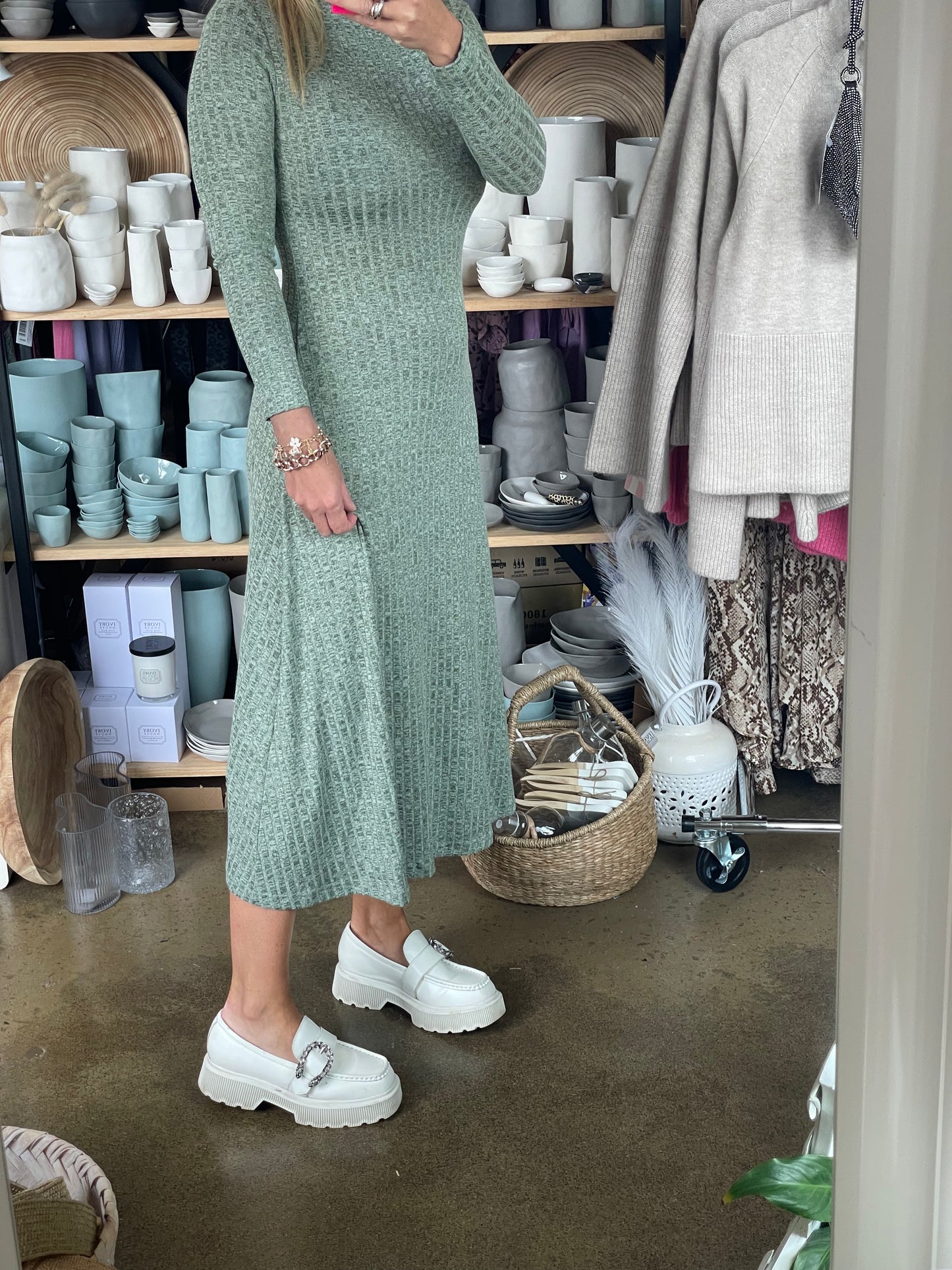 Ribbed Knit Long Sleeve Midi Dress Agave Green