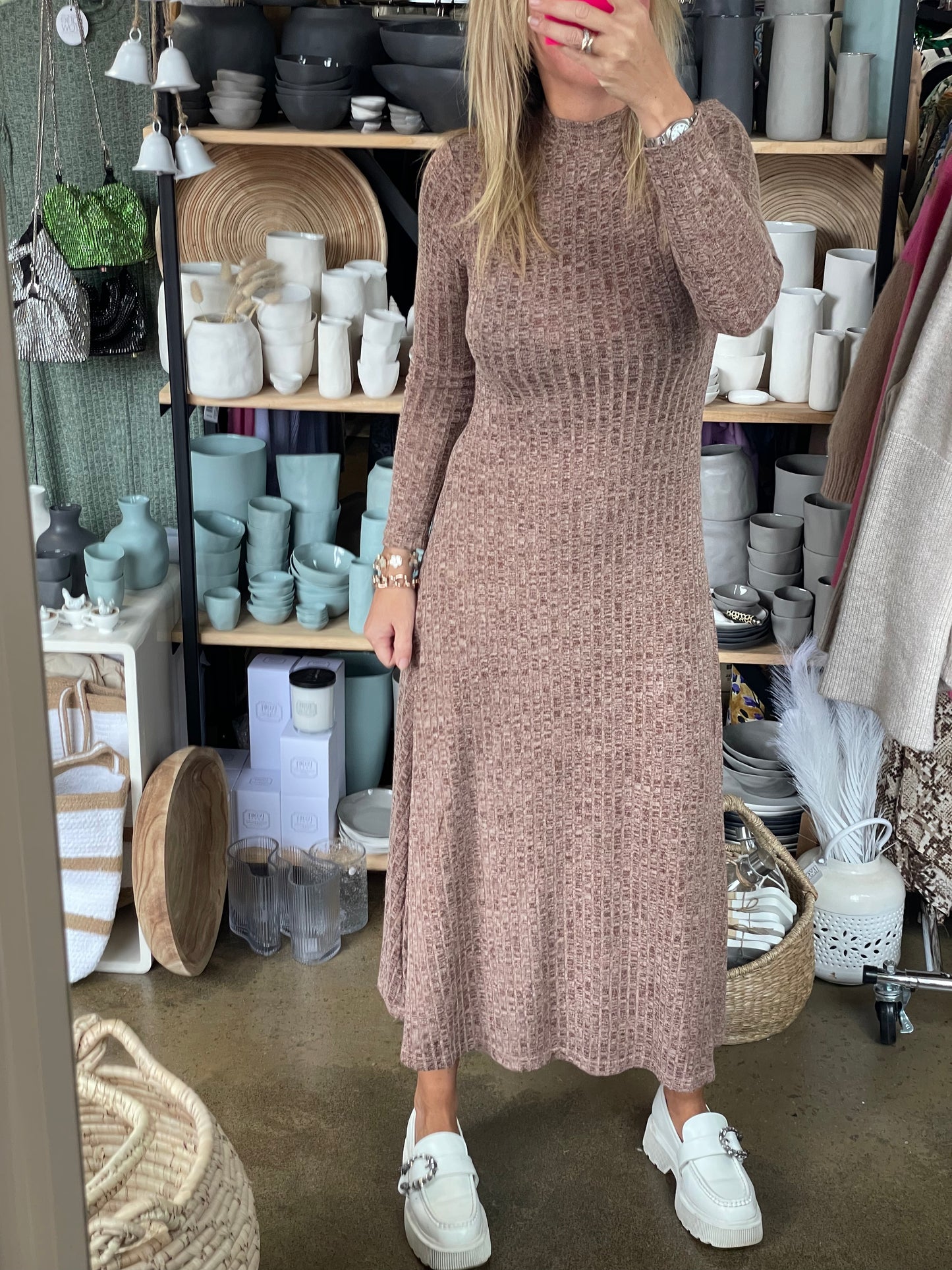 Ribbed Knit Long Sleeve Midi Dress Cinnamon